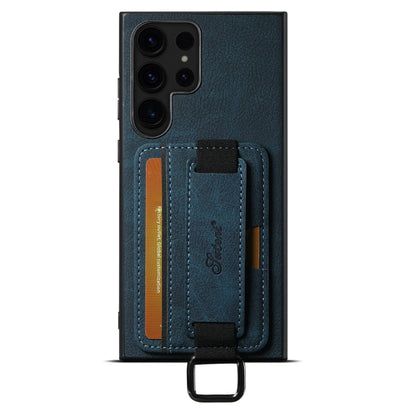 Pour Samsung Galaxy S22 Ultra 5G Suteni H13 Étui de téléphone à lanière en cuir Litchi avec porte-cartes (Bleu)