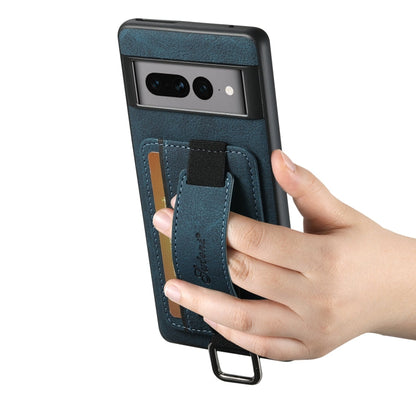 Pour coque de téléphone arrière Google Pixel 6 Suteni H13 en cuir litchi avec dragonne et porte-cartes (bleu)