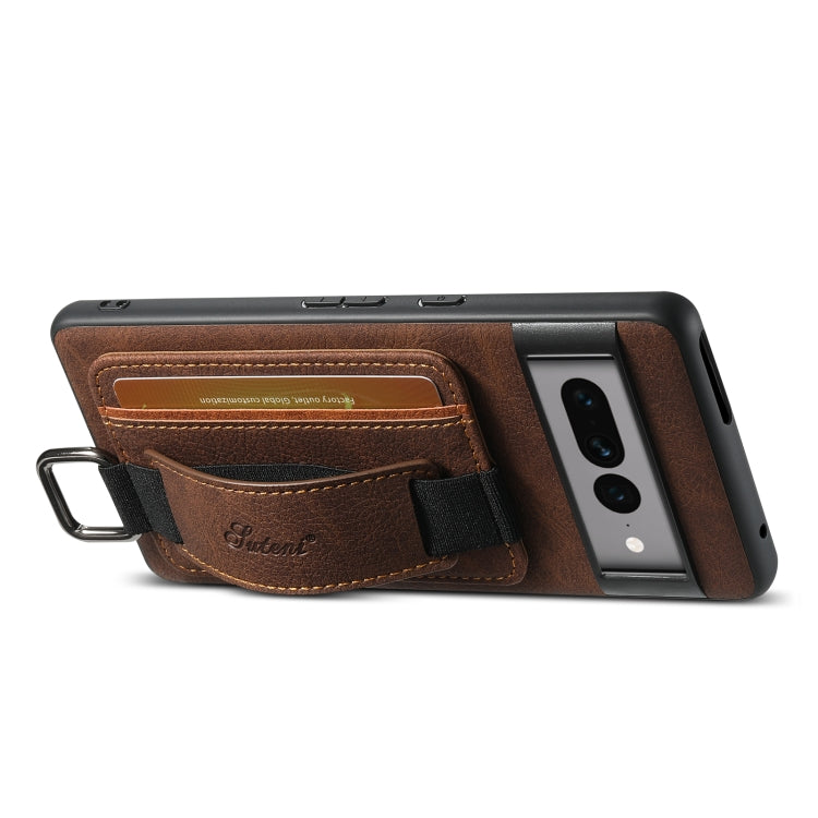 Pour Google Pixel 8 Étui Portefeuille Suteni H13 en Cuir Litchi avec Dragonne (Marron)