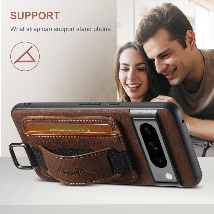 Pour Google Pixel 9 Pro Suteni H13 Étui portefeuille en cuir Litchi avec dragonne (marron)