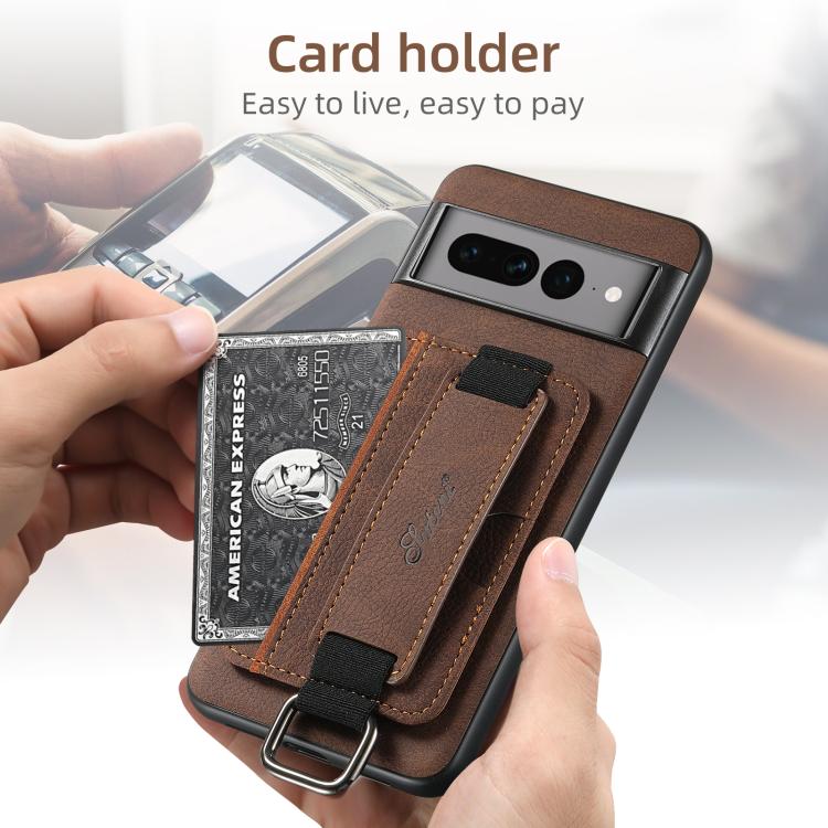 Pour Google Pixel 9 Pro Suteni H13 Étui portefeuille en cuir Litchi avec dragonne (marron)