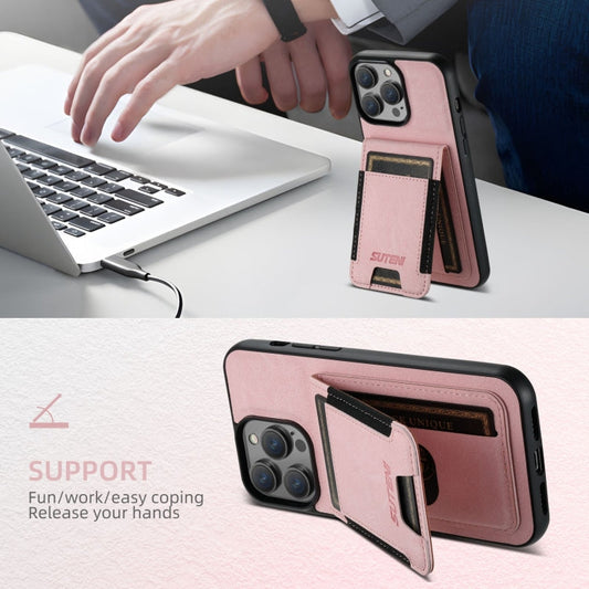 For iPhone 16 Suteni H03 Litchi Leather Card Bag Stand Back Phone Case(Pink)