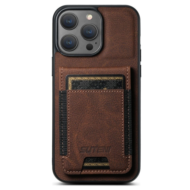 Pour iPhone 16 Pro Suteni H03 Étui de téléphone arrière en cuir litchi avec porte-cartes (marron)