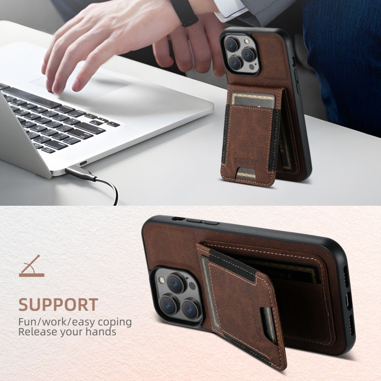 Pour iPhone 16 Pro Suteni H03 Étui de téléphone arrière en cuir litchi avec porte-cartes (marron)