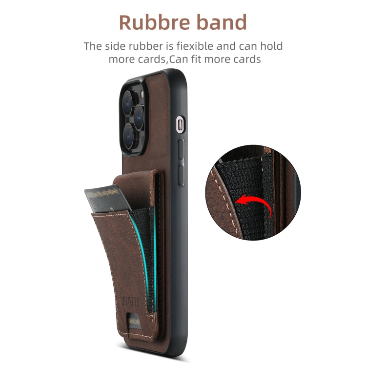 Pour iPhone 16 Pro Suteni H03 Étui de téléphone arrière en cuir litchi avec porte-cartes (marron)