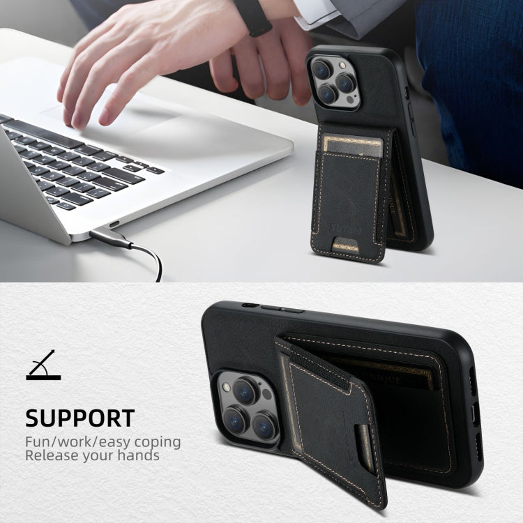 For iPhone 16 Pro Max Suteni H03 Litchi Leather Card Bag Stand Back Phone Case(Black)