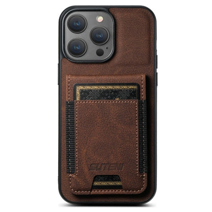 For iPhone 16 Pro Max Suteni H03 Litchi Leather Card Bag Stand Back Phone Case(Brown)