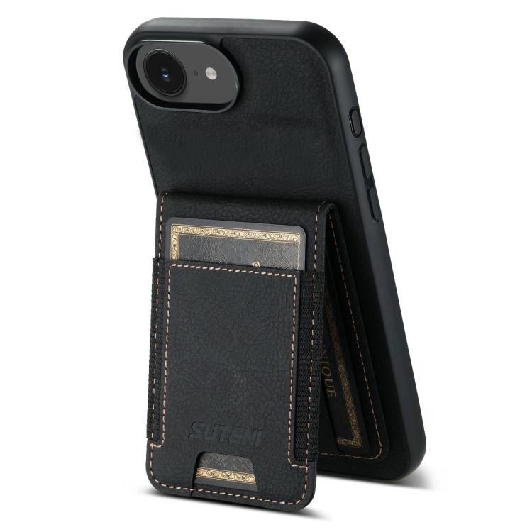 For iPhone 17e / 16e Suteni H03 Litchi Leather Card Bag Stand Back Phone Case(Black)