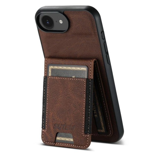 For iPhone 17e / 16e Suteni H03 Litchi Leather Card Bag Stand Back Phone Case(Brown)