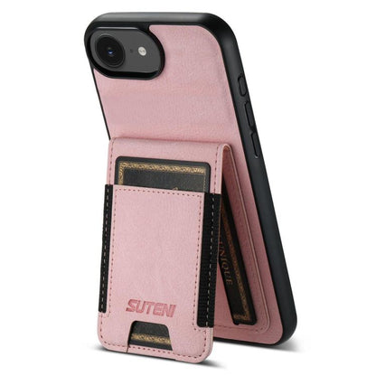 For iPhone 17e / 16e Suteni H03 Litchi Leather Card Bag Stand Back Phone Case(Pink)