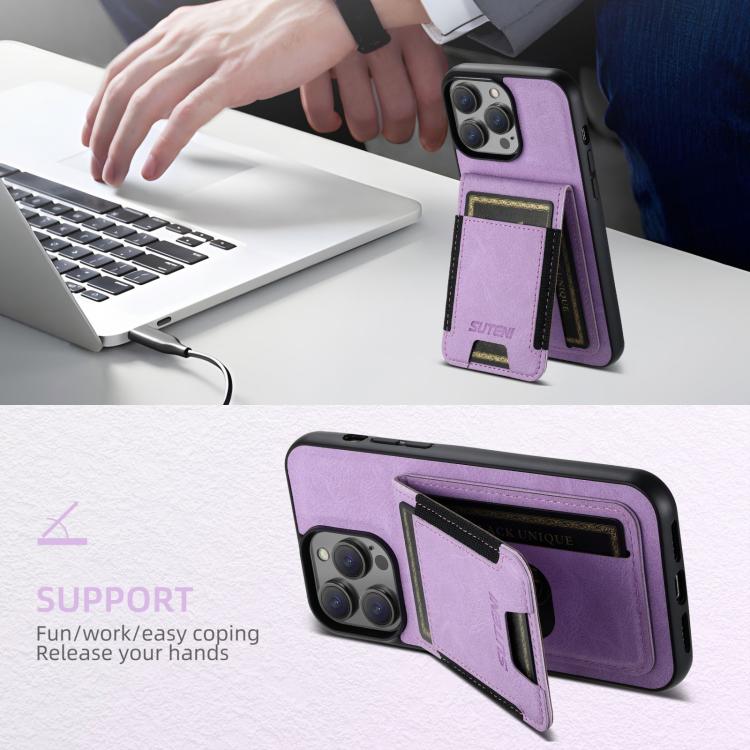 For iPhone 17e / 16e Suteni H03 Litchi Leather Card Bag Stand Back Phone Case(Purple)