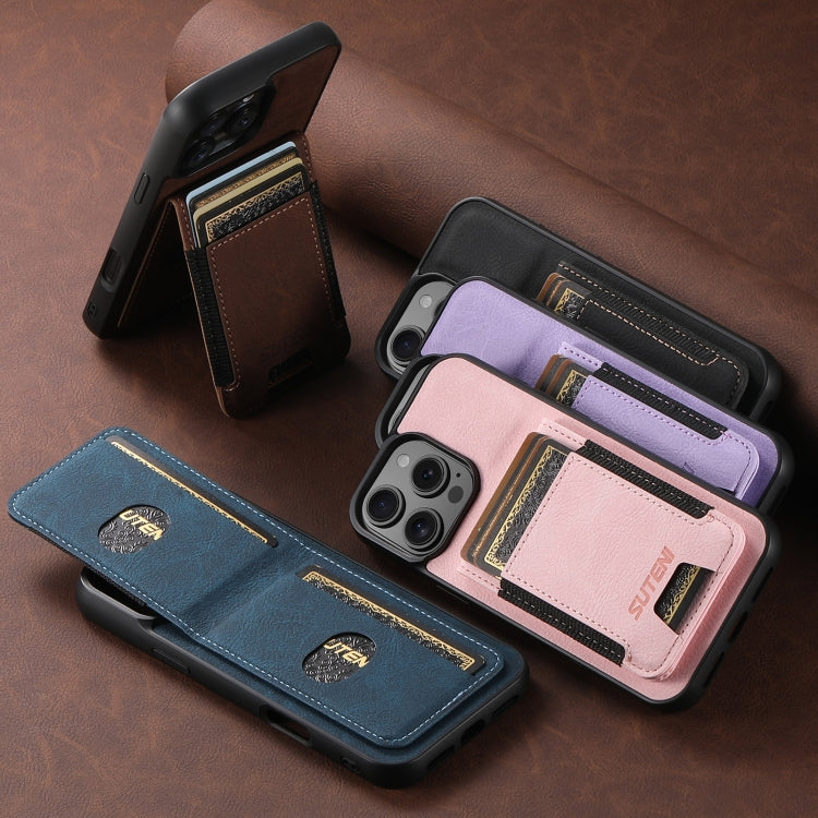 For iPhone 16 Plus Suteni H03 Litchi Leather Card Bag Stand Back Phone Case(Black)