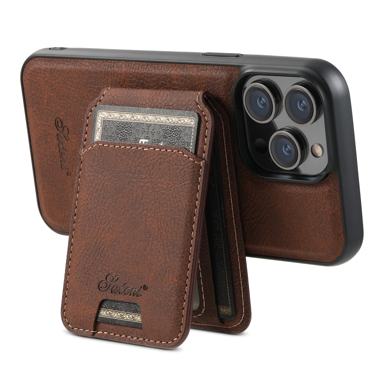 For iPhone 15 Pro Suteni H17 Litchi Texture Leather MagSafe Detachable Wallet Phone Case(Brown)
