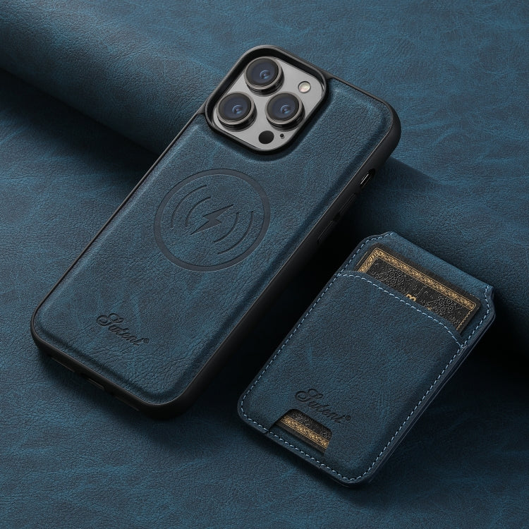 For iPhone 14 Plus Suteni H17 Litchi Texture Leather MagSafe Detachable Wallet Phone Case(Blue)