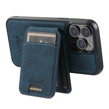 For iPhone 14 Plus Suteni H17 Litchi Texture Leather MagSafe Detachable Wallet Phone Case(Blue)
