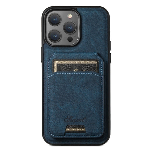 Pour iPhone 14 Pro Max Étui portefeuille détachable en cuir texturé Litchi Suteni H17 MagSafe (bleu)