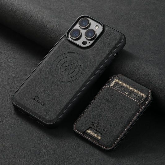 Pour iPhone 13 Pro Max Étui Portefeuille Détachable MagSafe en Cuir Texture Litchi Suteni H17 (Noir)
