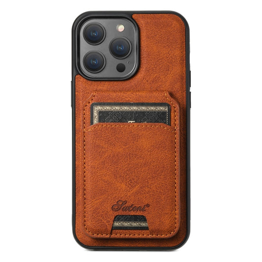 Pour iPhone 13 Pro Max Suteni H17 Coque de Téléphone en Cuir Texture Litchi avec Portefeuille Détachable MagSafe (Kaki)