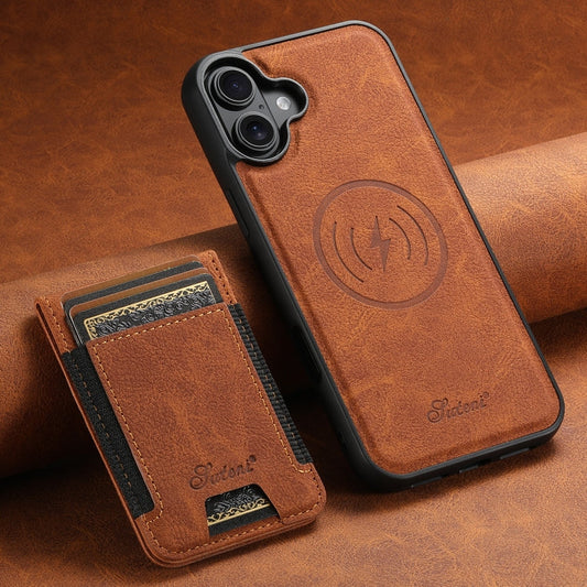 For iPhone 16 Plus Suteni H17 Litchi Texture Leather MagSafe Detachable Wallet Phone Case(Khaki)