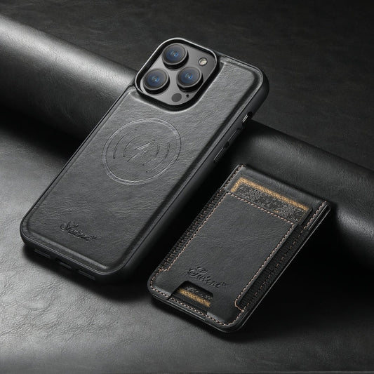 For iPhone 15 Suteni H17 Oil Eax Leather MagSafe Detachable Wallet Phone Case(Black)