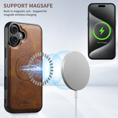 For iPhone 16 Suteni H17 Oil Eax Leather MagSafe Detachable Wallet Phone Case(Brown)