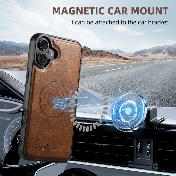 For iPhone 16 Suteni H17 Oil Eax Leather MagSafe Detachable Wallet Phone Case(Brown)