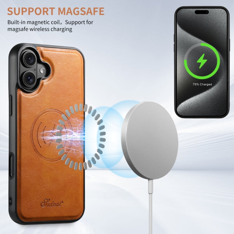 For iPhone 16 Suteni H17 Oil Eax Leather MagSafe Detachable Wallet Phone Case(Khaki)