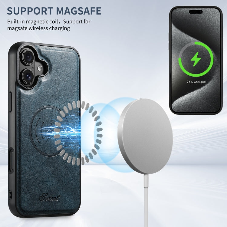 Pour iPhone 16 Suteni H17 Oil Eax Étui de téléphone en cuir avec portefeuille MagSafe détachable (bleu)