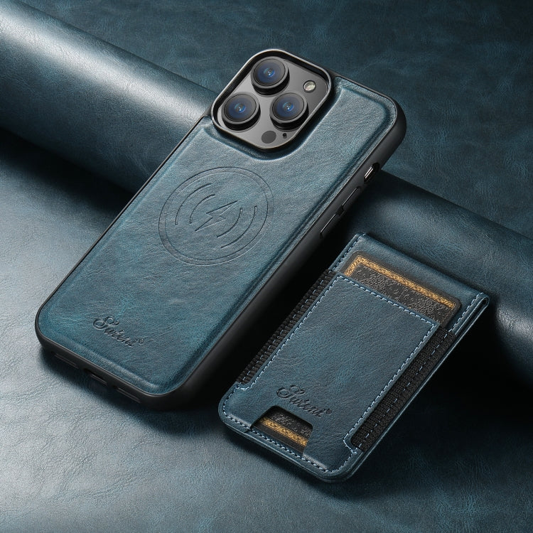 For iPhone 16 Pro Suteni H17 Oil Eax Leather MagSafe Detachable Wallet Phone Case(Blue)