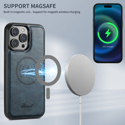 For iPhone 16 Pro Suteni H17 Oil Eax Leather MagSafe Detachable Wallet Phone Case(Blue)