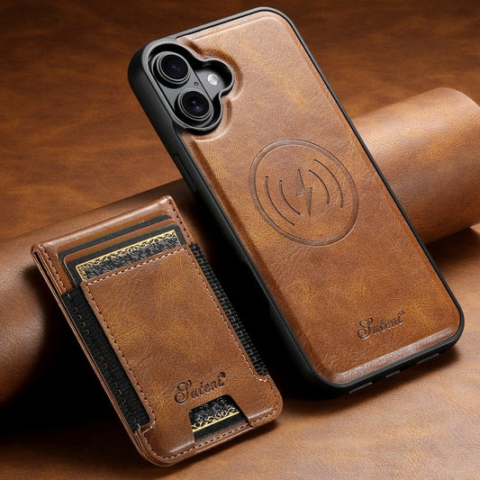 For iPhone 16 Plus Suteni H17 Oil Eax Leather MagSafe Detachable Wallet Phone Case(Brown)