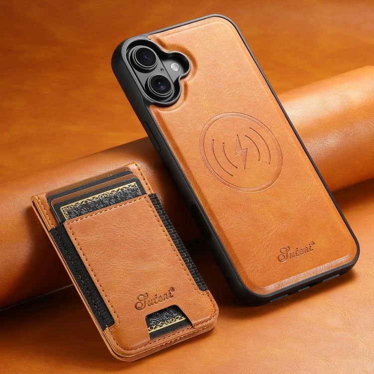 For iPhone 16 Plus Suteni H17 Oil Eax Leather MagSafe Detachable Wallet Phone Case(Khaki)
