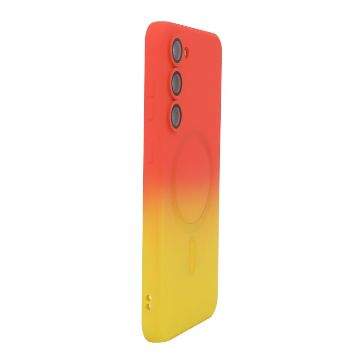 Pour Samsung Galaxy S23 5G ENKAY Hat-Prince Coque de téléphone en silicone avec film d'objectif à dégradé arc-en-ciel MagSafe (Orange Jaune)