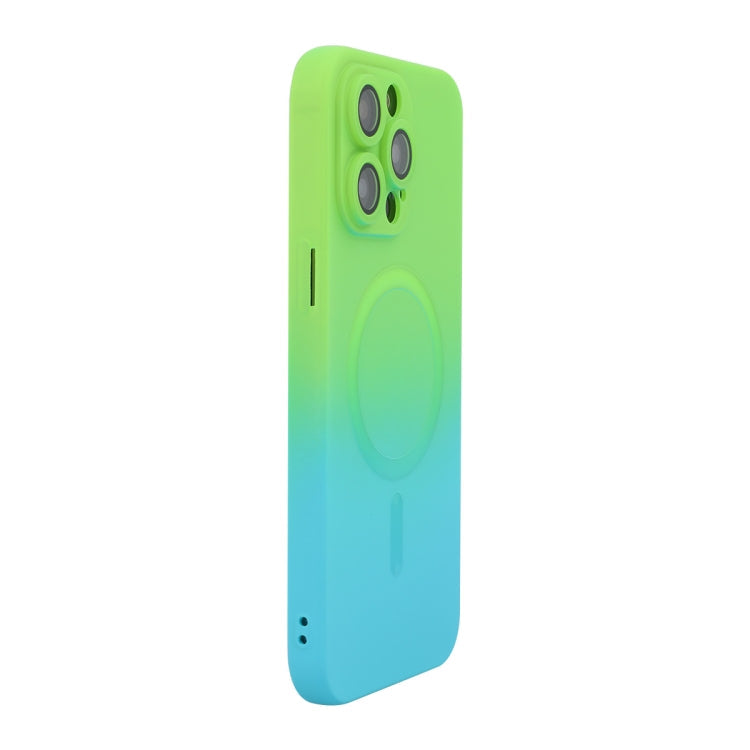 Pour iPhone 15 Pro Max Coque de téléphone en silicone ENKAY Hat-Prince MagSafe dégradé arc-en-ciel avec film de protection d'objectif (vert bleu)