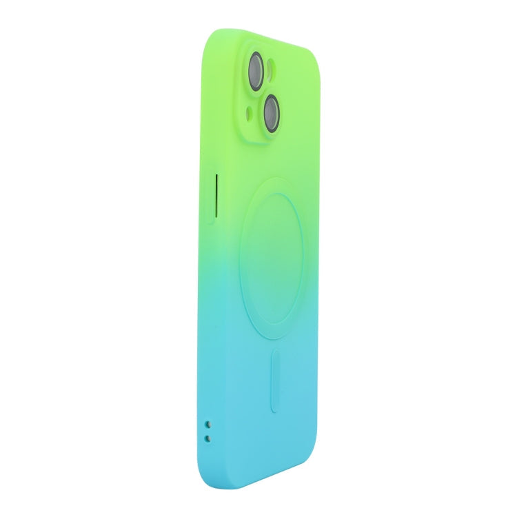 For iPhone 15 Plus ENKAY Hat-Prince MagSafe Rainbow Gradient Silicone Phone Case with Lens Film(Green Blue)