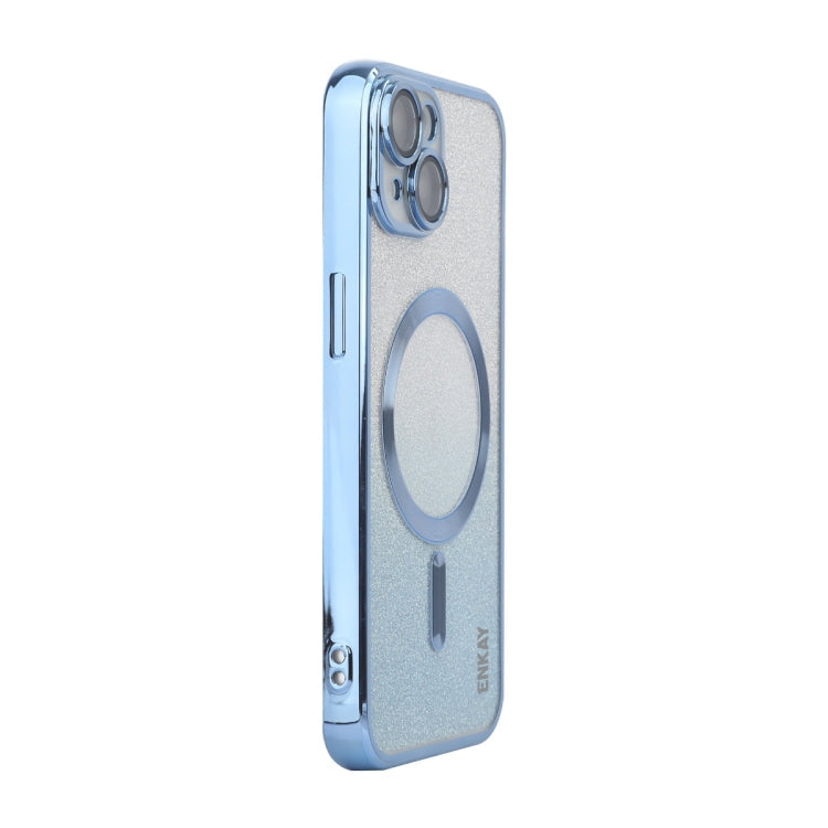 For iPhone 13 ENKAY Hat-Prince Magnetic Glitter Plated Shockproof Phone Case with Lens Film(Blue)
