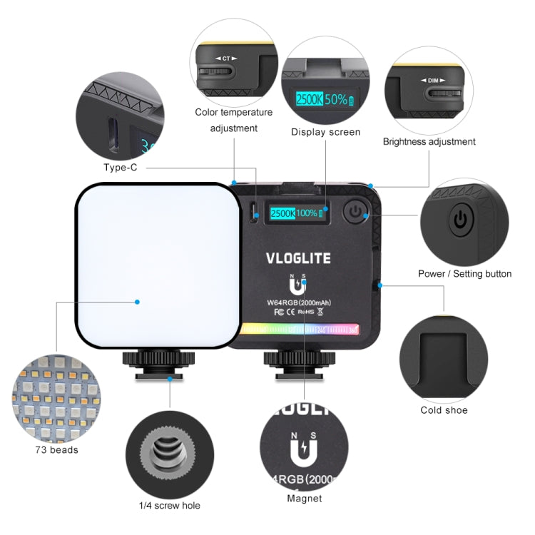 VLOGLITE W64RGB Lumière d'appoint LED RVB gradable 20 modes Lampe vidéo pour diffusion en direct