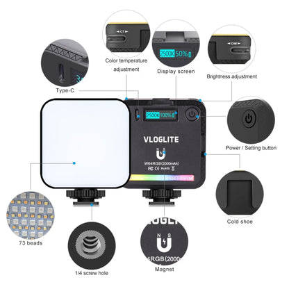 VLOGLITE W64RGB Lumière d'appoint LED RVB gradable 20 modes Lampe vidéo pour diffusion en direct