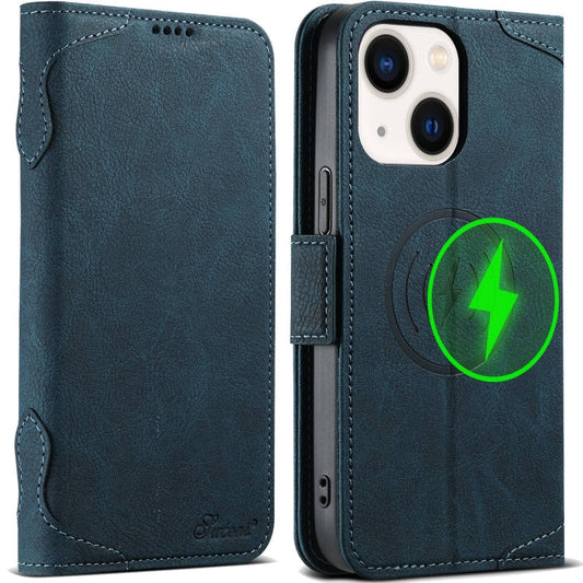 Pour iPhone 14 Plus SUTENI J07 Étui de téléphone en cuir Magsafe multifonctionnel à rabat horizontal (Bleu)
