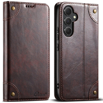 Pour étui de téléphone en cuir avec boucle portefeuille texturé veau Suteni Baroque pour Samsung Galaxy S24 Ultra 5G (marron)