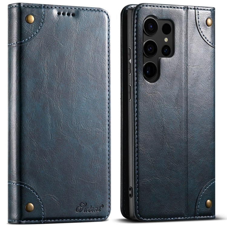 Pour étui de téléphone en cuir de portefeuille à boucle texturé en veau baroque Suteni pour Samsung Galaxy S24 Ultra 5G (bleu)