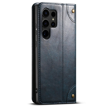 Pour étui de téléphone en cuir de portefeuille à boucle texturé en veau baroque Suteni pour Samsung Galaxy S24 Ultra 5G (bleu)