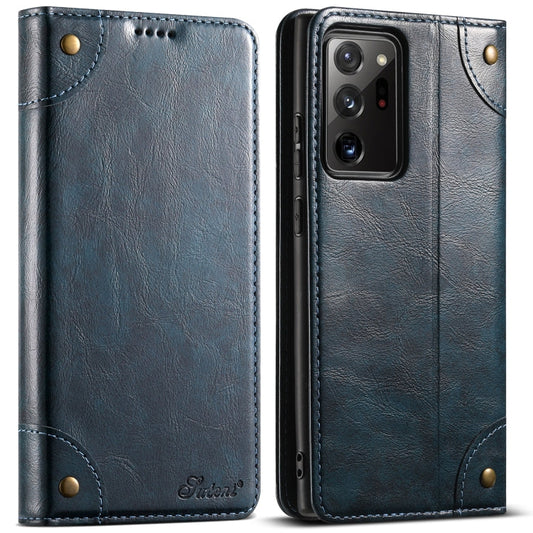 Pour Samsung Galaxy Note20 Étui en cuir portefeuille avec boucle et texture veau baroque Suteni (bleu)