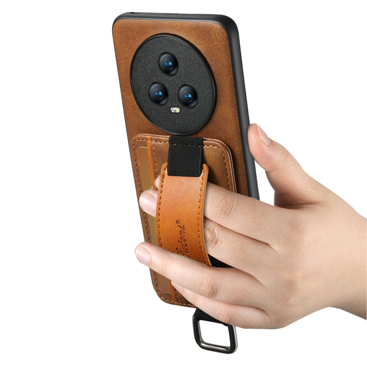 For Honor Magic6 Pro Suteni H13 Card Wallet Wrist Strap Holder PU Phone Case(Brown)
