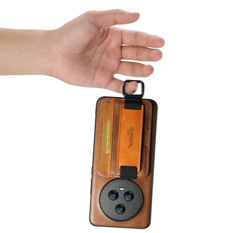 For Honor Magic6 Pro Suteni H13 Card Wallet Wrist Strap Holder PU Phone Case(Brown)