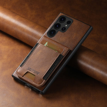 For Samsung Galaxy S22 Ultra 5G Suteni H03 Oil Wax Leather Wallet Stand Back Phone Case(Brown)
