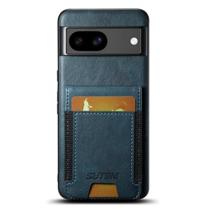 Pour Google Pixel 8a Suteni H03 Coque de téléphone à rabat en cuir ciré avec support (Bleu)