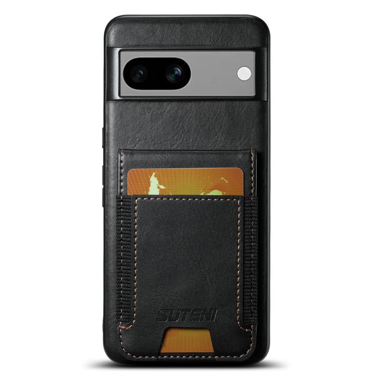 Pour Google Pixel 7a Suteni H03 Coque arrière de téléphone portefeuille en cuir ciré (noir)