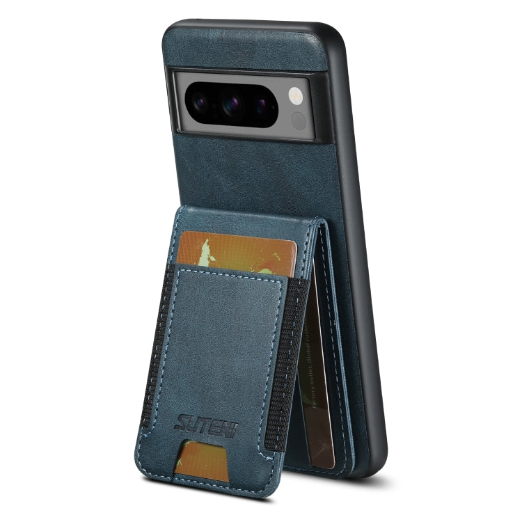 Pour Google Pixel 7 Pro Suteni H03 Coque arrière de téléphone portefeuille en cuir ciré (bleu)