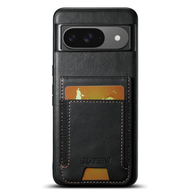 Pour Google Pixel 9 Étui portefeuille en cuir huilé Suteni H03 avec support (noir)
